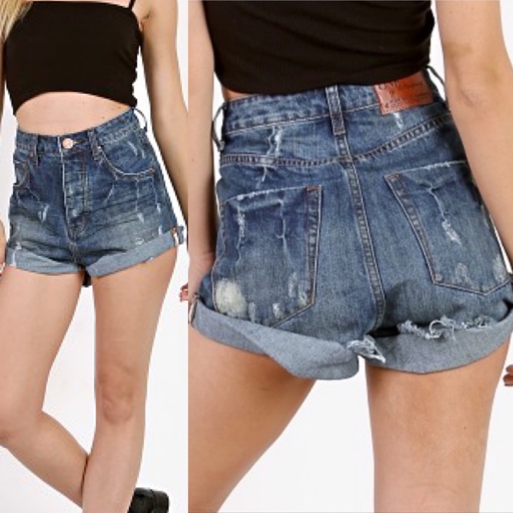 One Teaspoon Distressed High-Waist Blue Denim Jean Shorts